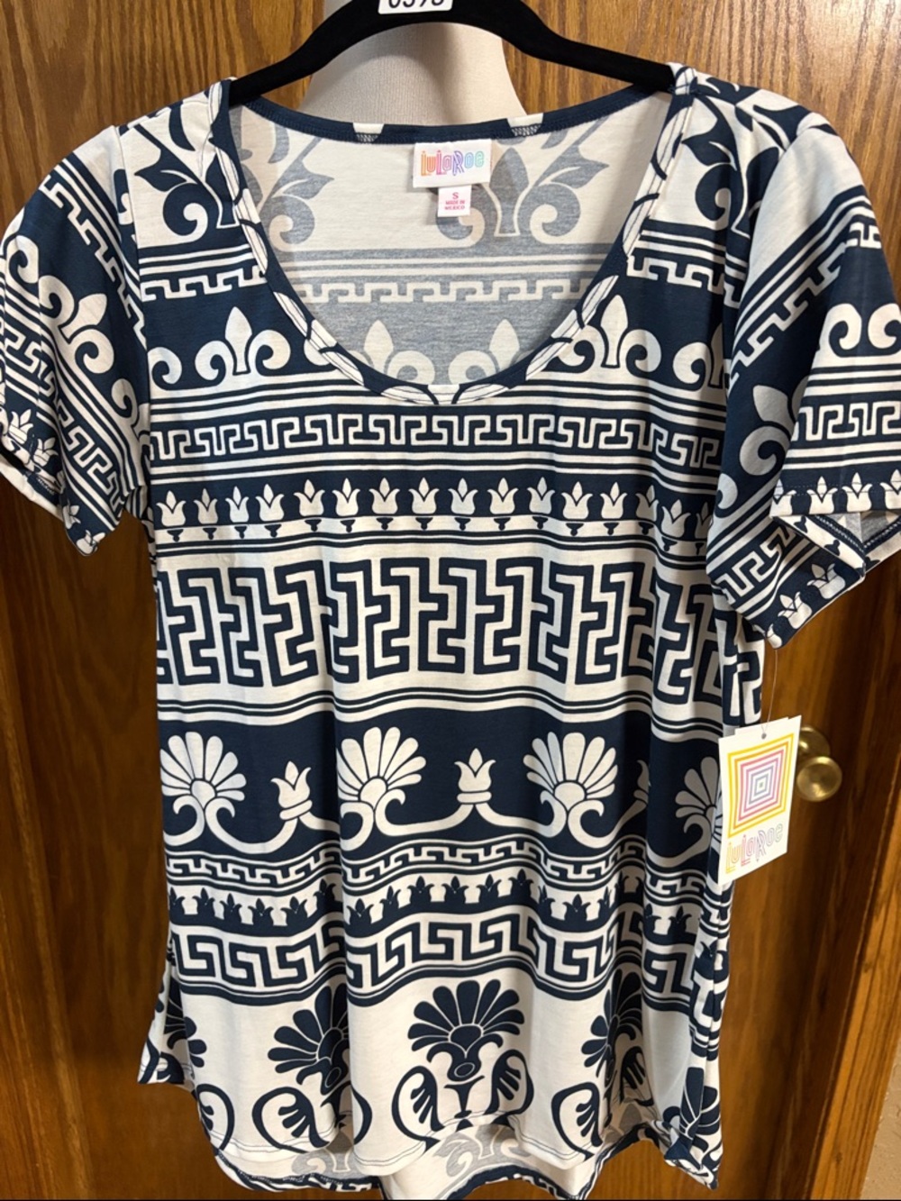 LuLaRoe Navy and White Patterned Scoop Tee